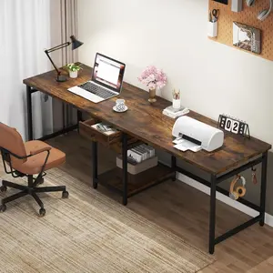 360 stand 79 in. Computer Office Desk - Multi Functional Wooden Writing Table, 2-Person Desk with Drawers, Storage Shelves, Rustic Brown, Multi Functional Desk