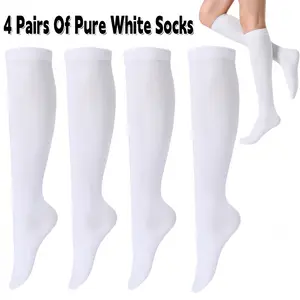 4 Pairs Of Pure White Socks Trends Soccer Socks Long Knee High Socks for unisex Baseball Softball Football Family Essential Christmas Socks Gift