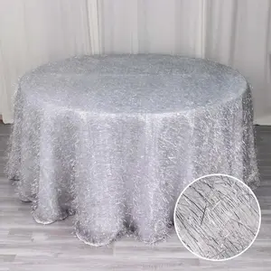 Polyester Round Tablecloth 120" Silver Metallic Fringe Shag Tinsel Table Cover