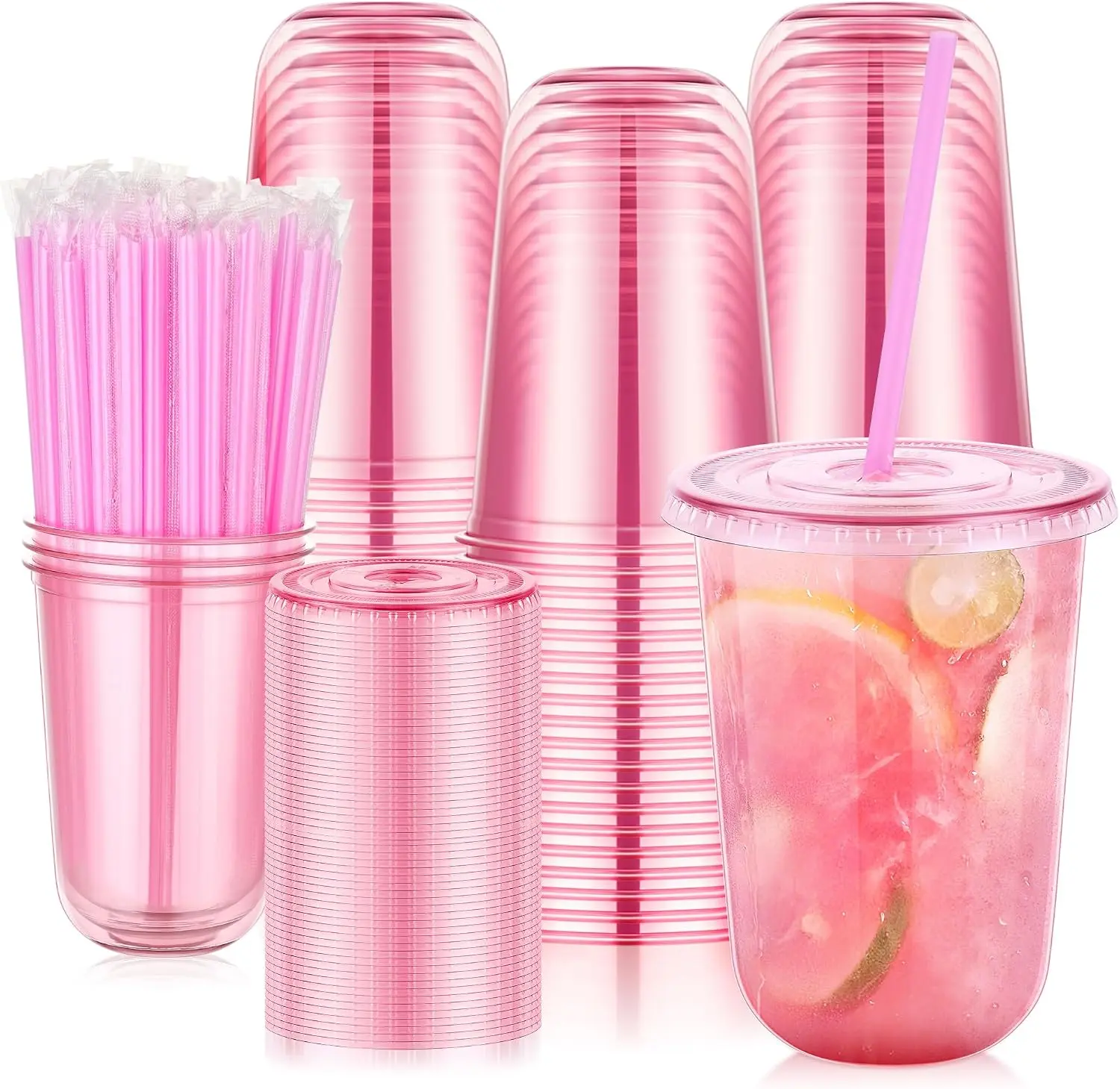 50pcs Cup Set - 16oz Pink Round Bottom Disposable Plastic Cups with Lids, U-Shape Straws, Leak-Proof To-Go Cold Drink Containers for Home Festive Events, Party Supplies