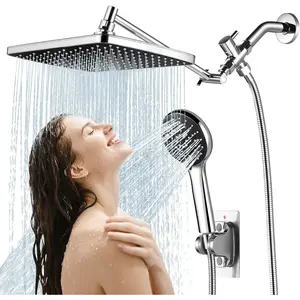 Rain Shower  with Handheld, 11.8 Inch High  Handheld Shower with Multi  Modes, Holder and Rainfall Combo 11'' Extension Arm, Chrome, Bathroom Decor