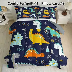 3pcs cartoon dinosaur pattern printed quilted bedding set (1 piece bedding+2 pillowcases), using 200gsm filling and U-shaped stitching technology. Suitable for decorating bedrooms, dormitories, or homes for teenagers and children.