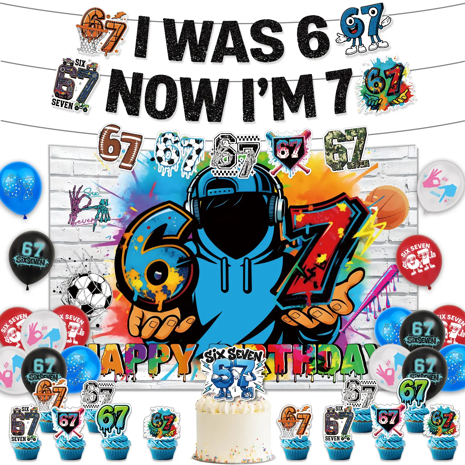 67 Meme Birthday Party Supplies, Six Seven Themed Party Decoration Funny 6 7 Backdrop Balloons Cake Cupcake Topper for 67 Fans Themed Party Decor