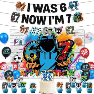 67 Meme Birthday Party Supplies, Six Seven Themed Party Decoration Funny 6 7 Backdrop Balloons Cake Cupcake Topper for 67 Fans Themed Party Decor