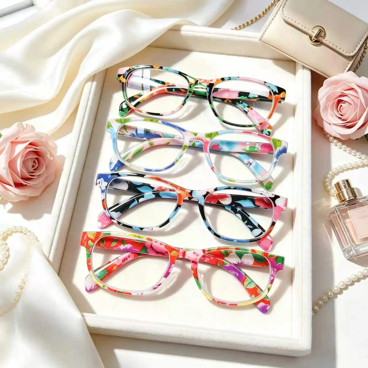 Women's Retro Floral Oval Full Rim Resin Non-Prescription Reading Glasses 4-Pack - Blue Light Blocking Lens, Spring Hinges, High Quality Eyewear, Stylish Accessories, Festival Gifts (+0.0 to +4.0)