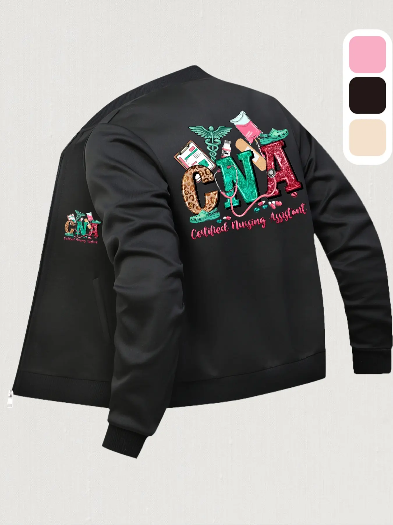 Nurse Theme Print Women's Fitted Baseball Jacket, Pilot Jacket, Casual Street Style Long Sleeve Coat Pockets, Fall & Winter, Outerwear, Casual Fashionable Outerwear, Womenswear, Multiple Colors Available