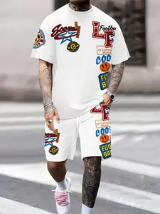 Men's Casual Minimalist Sportswear Set, Workout Sets, Short Sleeve T-Shirt & Shorts, Football Style Badge La Letter Print, Summer Two-Piece Set, Football Badges