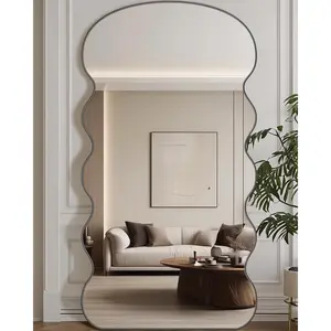 Full length mirror 76x34 wavy floor mirror freestanding floor standing full body mirror with stand for bedroom hanging mounted for living room cloakroom black