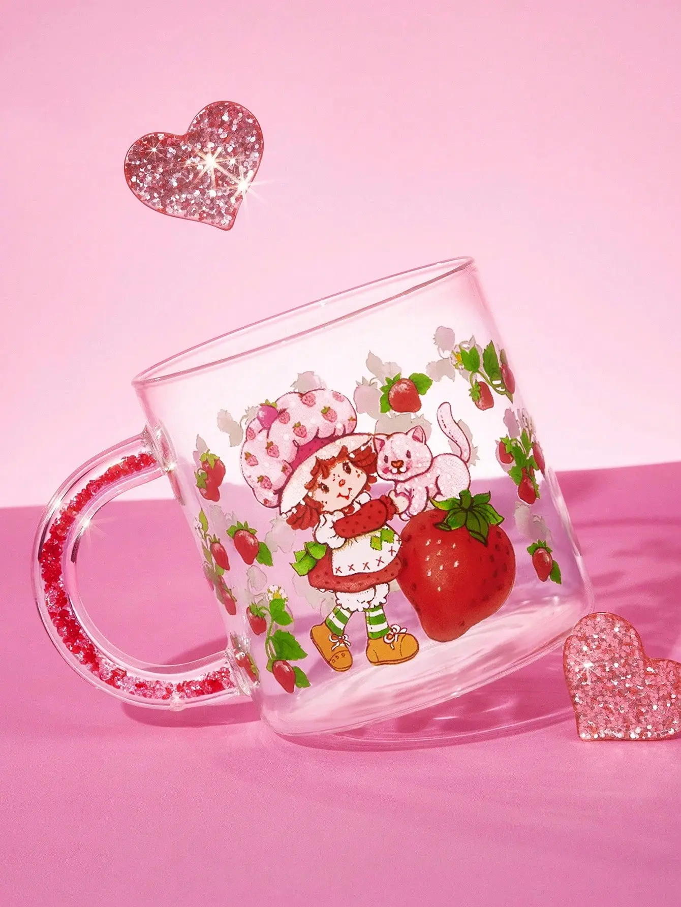 Strawberry Shortcake Borosilicate Glass Mug - 1 Pc, 17.9oz/530ml, Cute Printed Cartoon Animal Chibi Graphic, Shiny Handle, Heat-Cold Freeze-Safe, Colorful Fruit Refillable Kitchenware Drinkware for Milk, Coffee, Cartoon Animal Mugs, Chibi Graphic Mugs