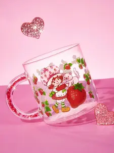 Strawberry Shortcake Borosilicate Glass Mug - 1 Pc, 17.9oz/530ml, Cute Printed Cartoon Animal Chibi Graphic, Shiny Handle, Heat-Cold Freeze-Safe, Colorful Fruit Refillable Kitchenware Drinkware for Milk, Coffee, Cartoon Animal Mugs, Chibi Graphic Mugs