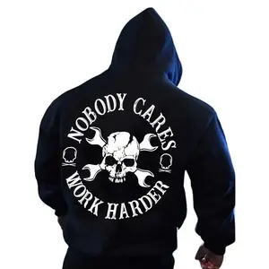 Men's Black Hoodie - NOBODY CARES WORK HARDER Back Print - Pullover Sweatshirt with Kangaroo Pocket, Suitable for Fitness, Street Style, Autumn and Winter - Machine Washable, Urban Trendy Fashion, Durable Fabric, Casual Wear, Halloween