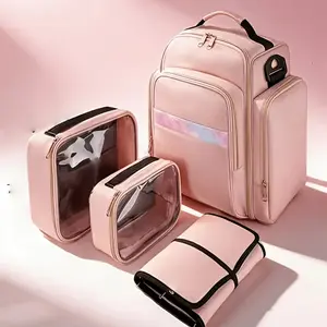 Multi-Functional Large Travel Makeup Bag, Cost-Effective Cosmetic Organizer with 4 Detachable Compartments & Jewelry Roll, Space-Saving Toiletry Skincare Storage Tote Combo for Business Trip & Salon Display