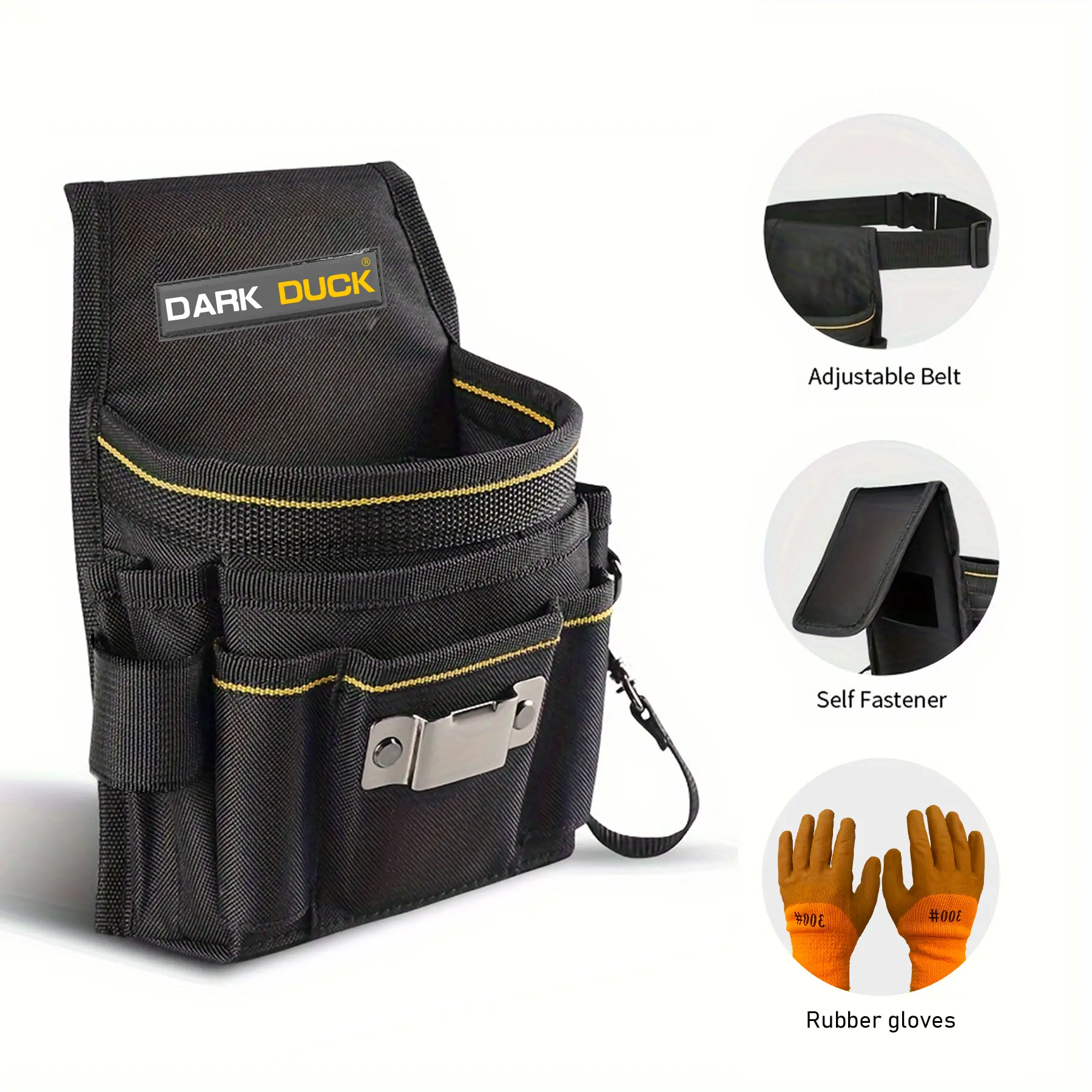 DARK DUCK Electrician Tool Belt with Heavy-Duty Abrasion-Resistant Gloves, 8-Pocket Durable Work Waist Pack for Professional Tradesmen, Mechanics, Repairmen - Black