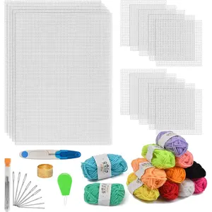 39Pcs Mesh Plastic Canvas Sheets Kit Including 15 Pieces Clear Plastic Canvas, 12 Color Acrylic Yarn and Embroidery Tools for Embroidery Canvas Craft