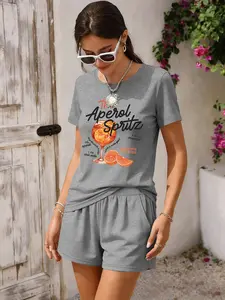 2-Pack Aperol Spritz Fashionable Crew Neck Women's Short Sleeve Shorts Set Casual Solid Color Tee and Hot Pants Set Women's Daily Wear Set