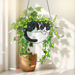 Tuxedo Cat Sleeping in Ivy: Hologram Acrylic Window Ornament