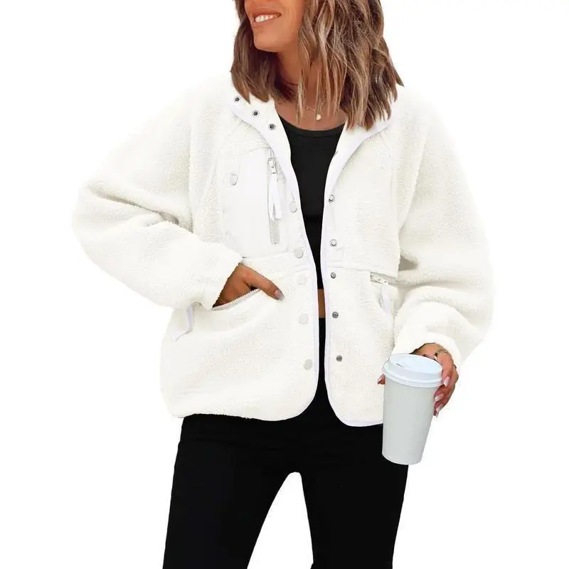 Women Sleek 2026 Fall Winter Fleece Jacket Long Sleeve Casual Button Fuzzy Sherpa Cropped Coats Outerwear with Pockets, layering essential, transitional piece, polished outerwear