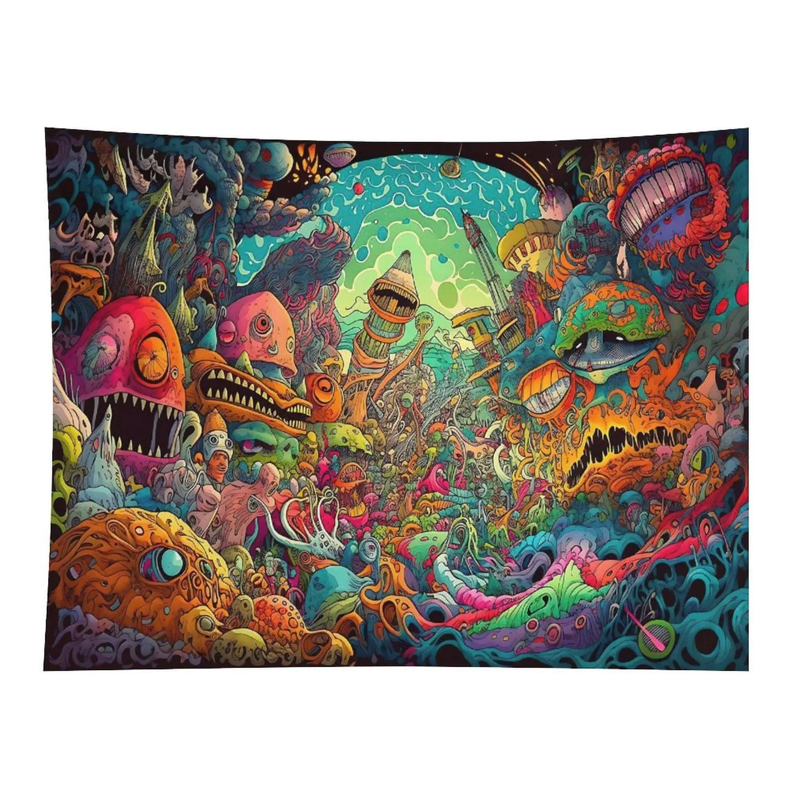Psychedelic Monster City Tapestry Colorful Cartoon Graffiti Wall Hanging, Trippy Fantasy Art Tapestry for Bedroom Dorm Decor