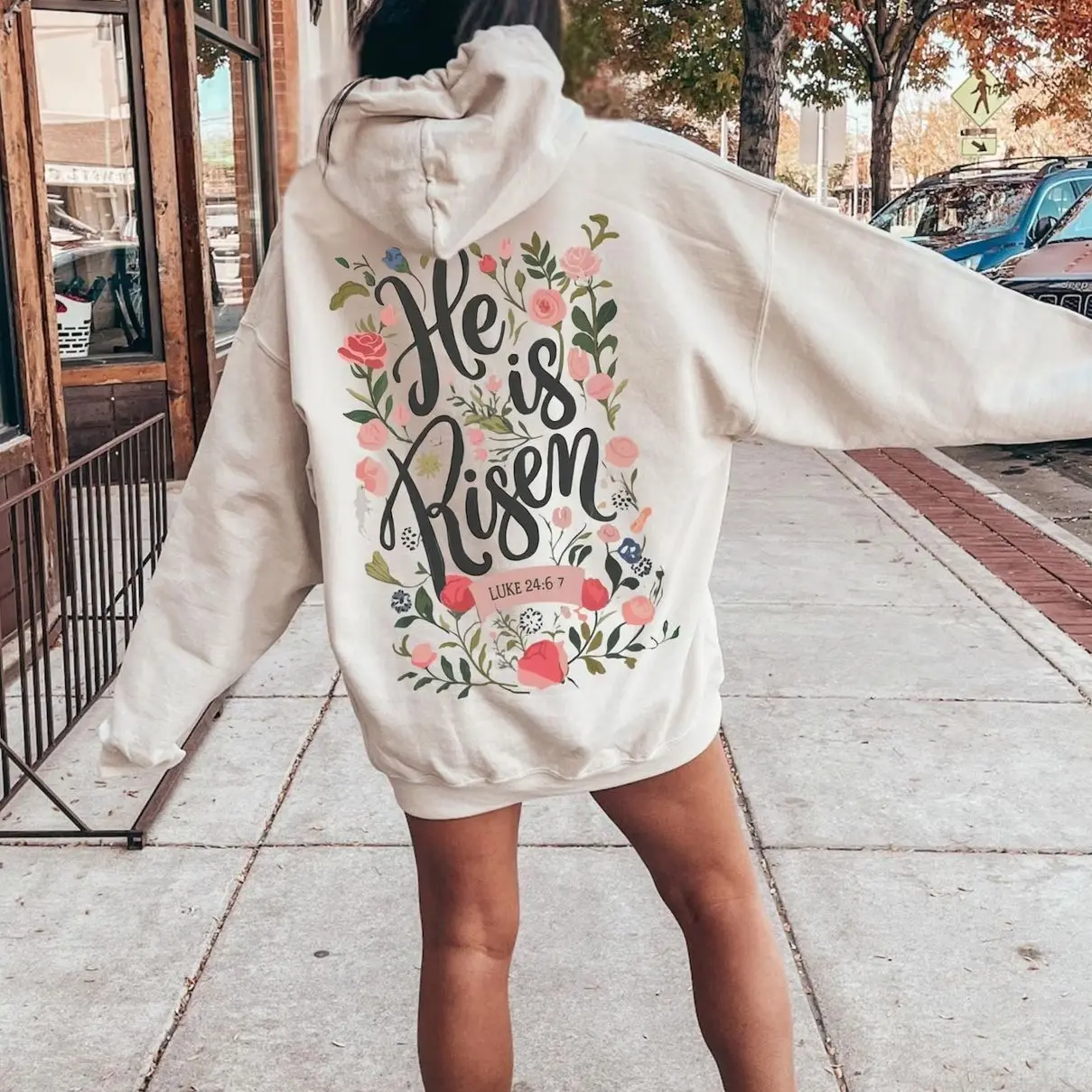 He Is Risen Easter Resurrection Bible Verse Christian Hoodie Graphic Back Print Faith Apparel Gift for Men & Women Hoodie Pullover Oversized