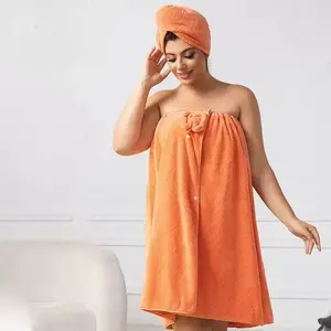 Women Microfiber Bath Towel Wrap - Adjustable Soft Body Wraps Dress with Hair Towel for Shower After Body and Head Cover, Super Absorbent to Quick Drying Hair and Body, Hair Turban Towel, Orange