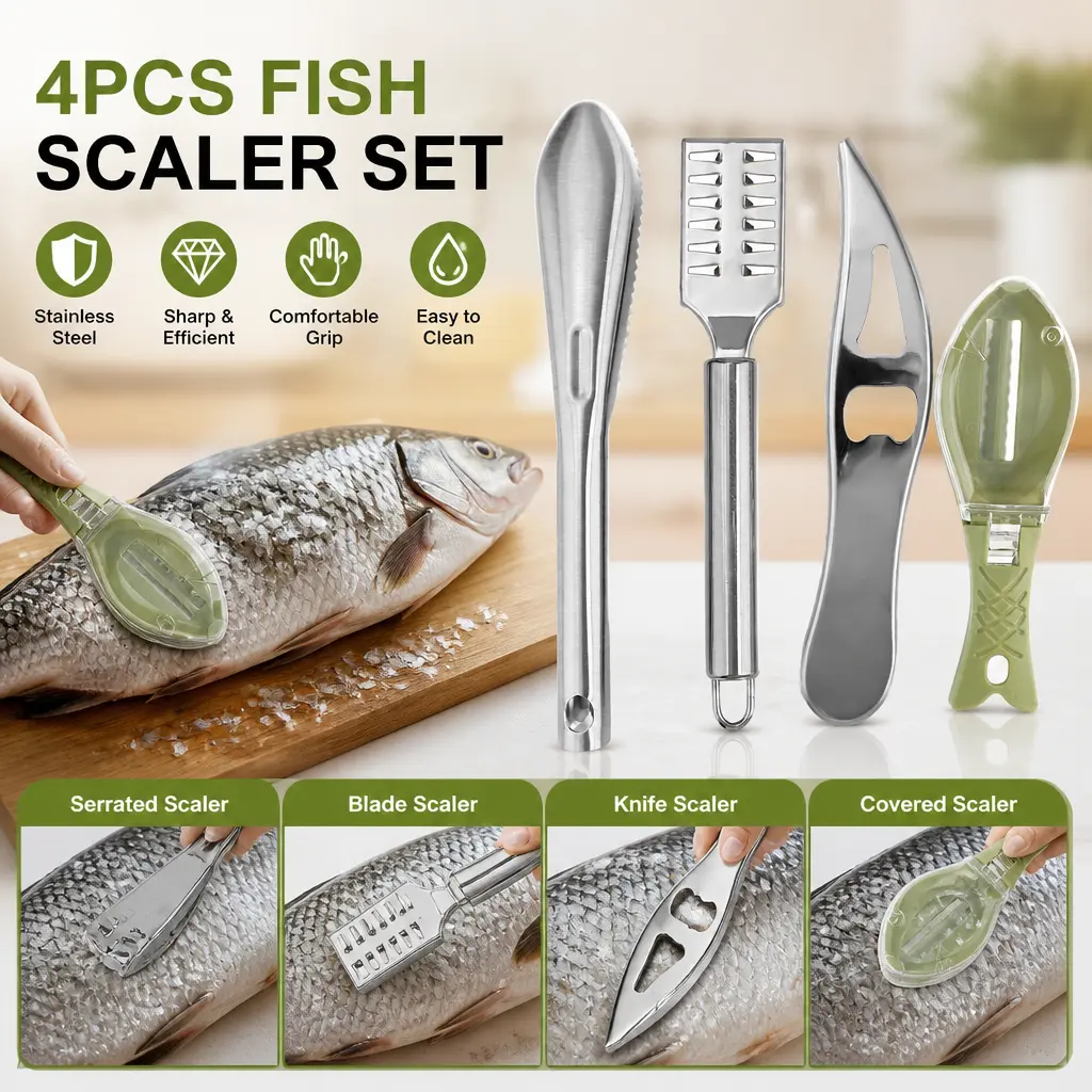 4 Pack Manual Fish Scaler with Splash Guard – Professional Kitchen Fish Descaling Tool, Ergonomic Handle, Easy Clean, Perfect for Home Cooking & Outdoor Fish Prep