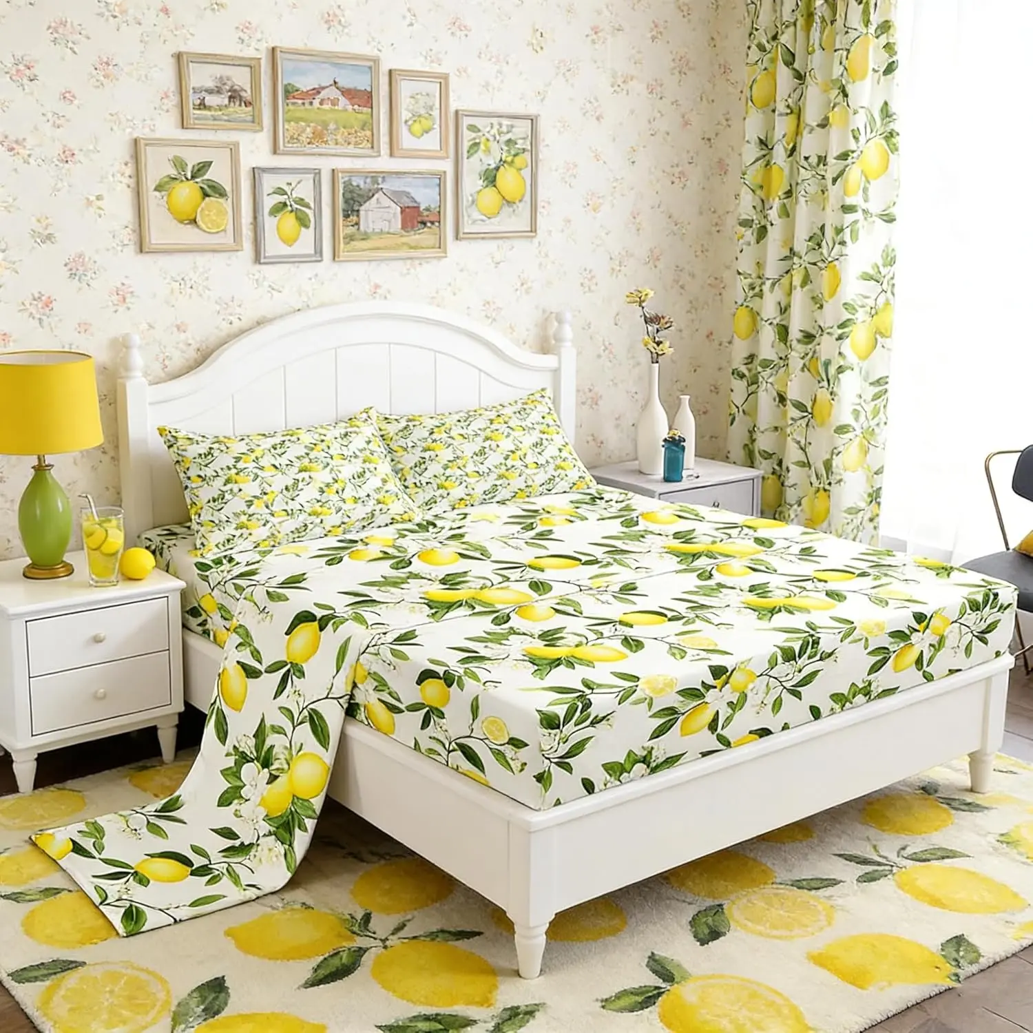Lemon Bedding Set,Flowers Summer Fruits Bottom Sheet,Adults Room Decor,Green Leaves Plants Bed Cover,Fresh Nature Yellow White Fitted Sheet+Flat Sheet