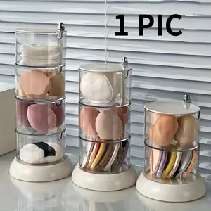 1-Piece Transparent Rotating Cosmetics Organizer — Multi-Tier, Dustproof Holder with Lid for Makeup Puffs and Sponges; Ideal for Vanity Display and Dressing Tables