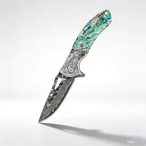 Handcrafted forged chef folding knife — large Damascus-pattern blade, abalone shell handle design; fast cutting; chef carving knife for everyday kitchen and restaurant use.