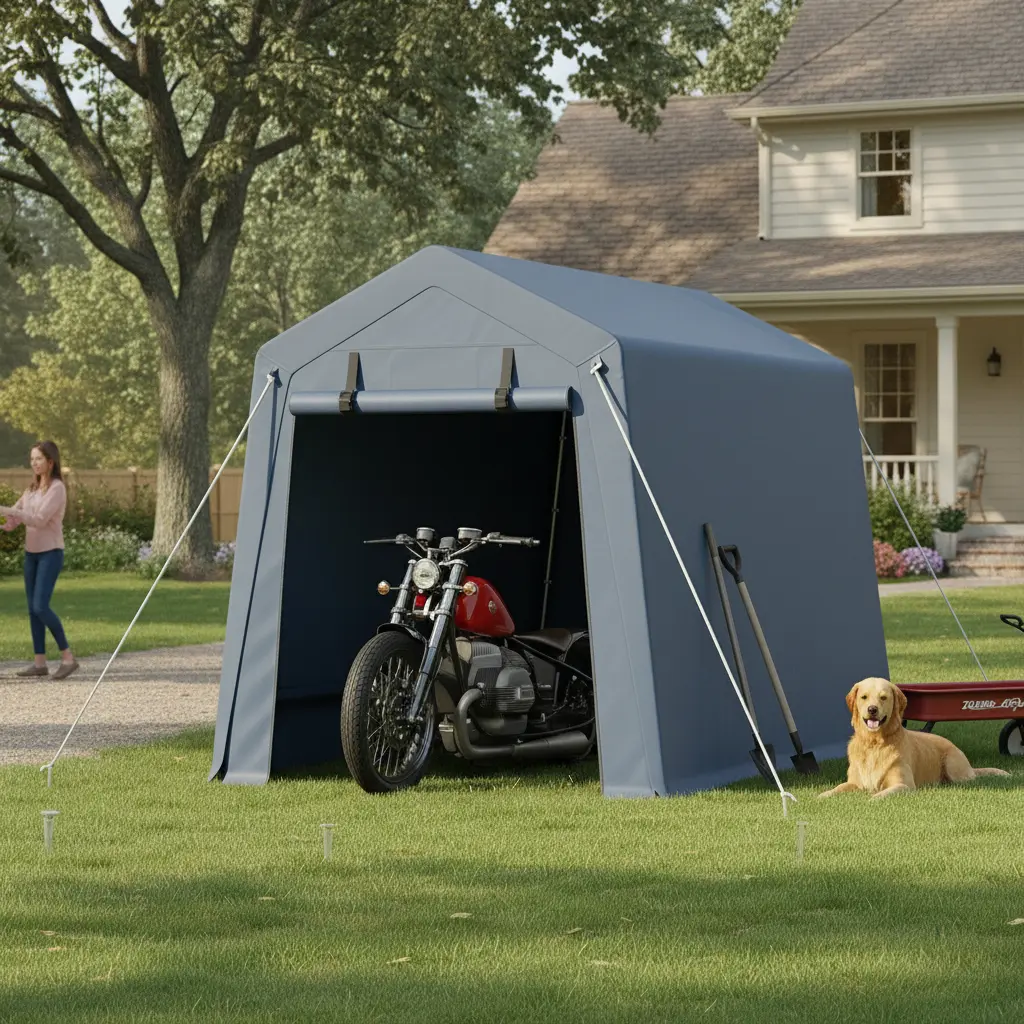 Portable Carport with Roll-Up Ventilated Zipper Door, Windows, Heavy-Duty Waterproof Tarp, Galvanized Steel Frame - Sturdy, Functional Outdoor Shelter for Motorcycle, Bike Storage, Roll-Up Door
