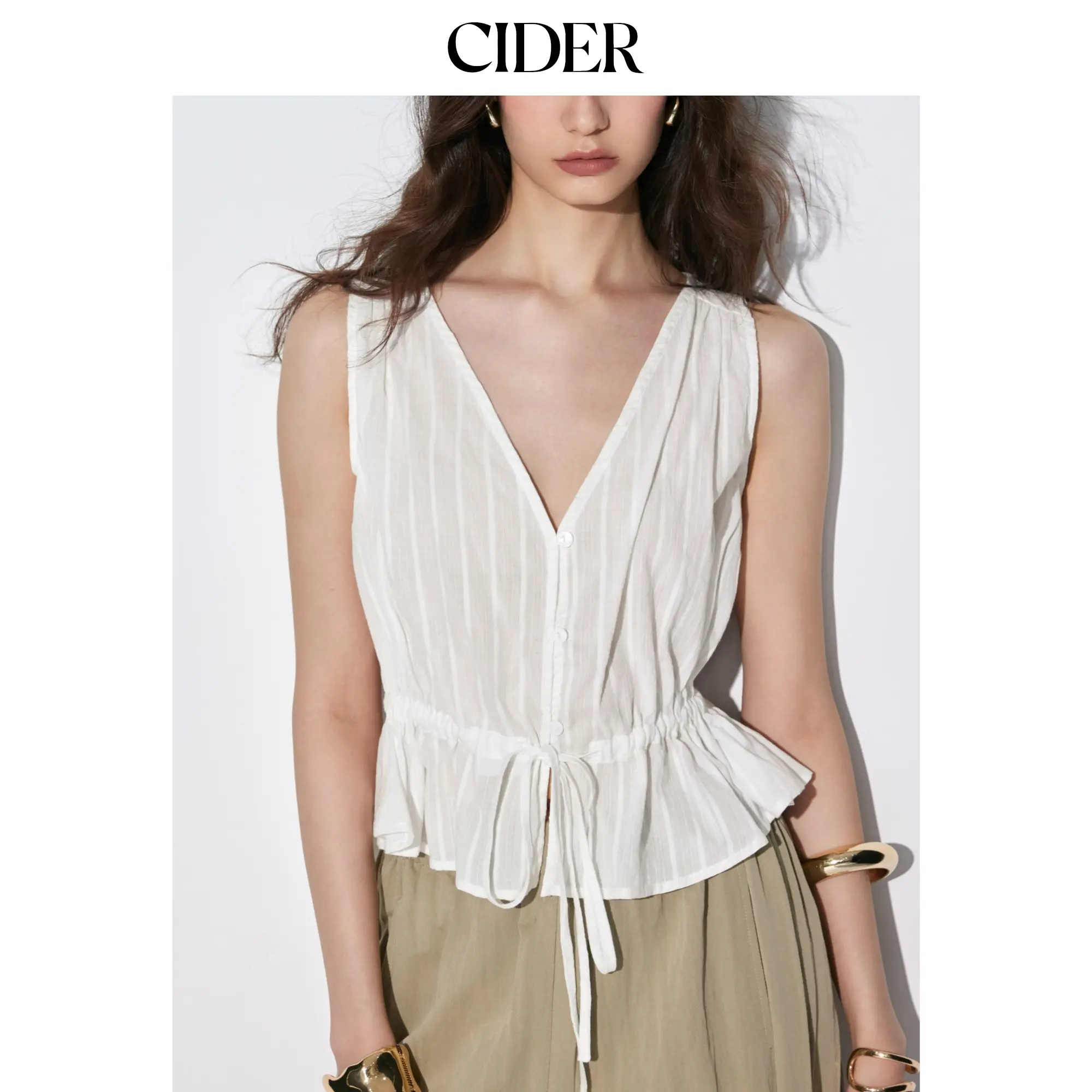 Cider Women's 100% Cotton V-neck Drawstring Peplum Blouse - Straight, Basic, Casual, Medium Weight, No Extra Ornamentation, Pullover, Sleeveless, Regular, Semi-Sheer, Shirred, Solid, Tops, Peplum Tank