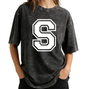 Trendy Alphabet T-Shirt with Letter S – Washed Varsity Initial Monogram Design