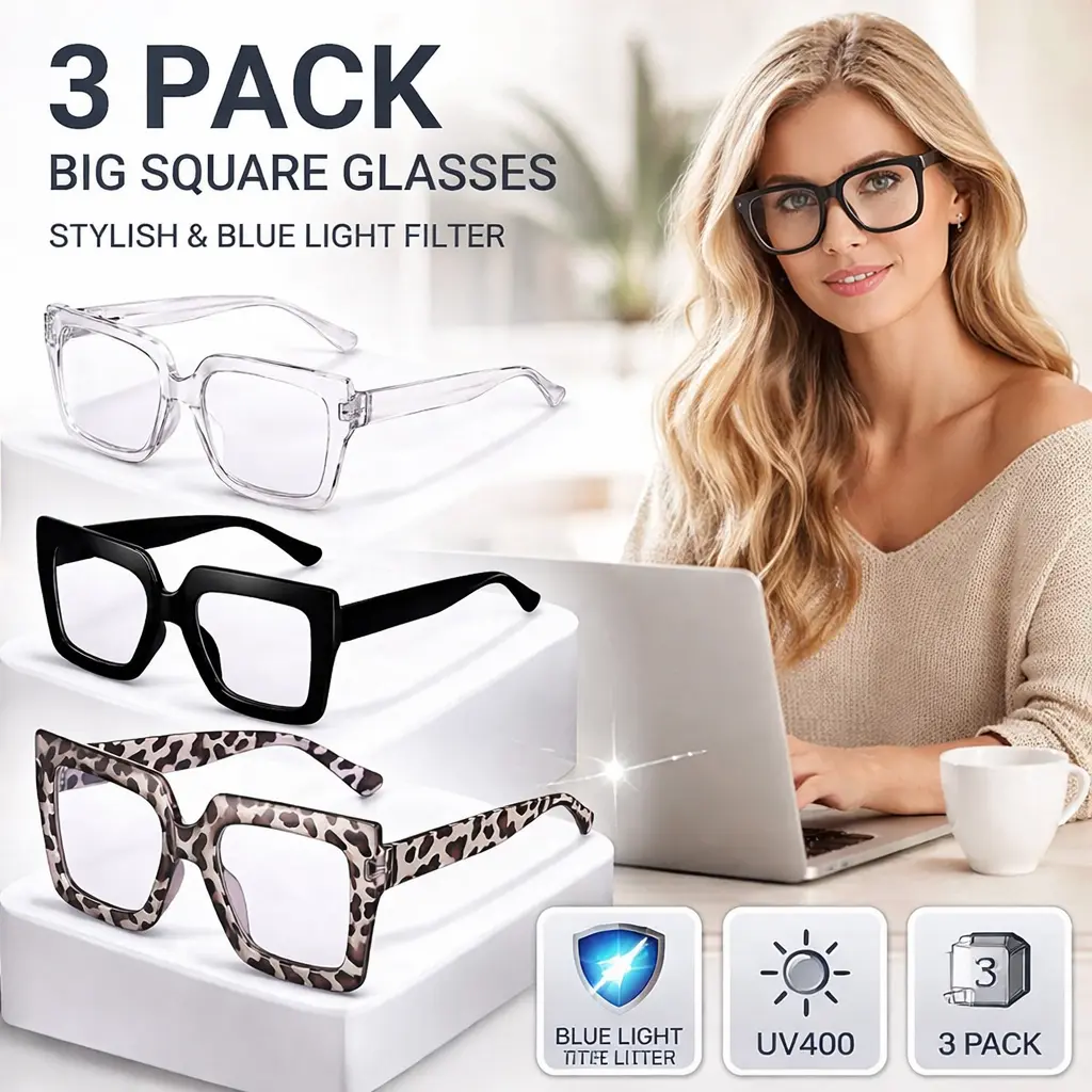 Women's 3-Pcs Stylish Trendy Square Thick-Frame Anti-Blue Light UV Protection Eyeglasses - Non-Prescription Square Lens Eyeglass for Computer, TV Screen Strain Relief, Square Lens Eyeglasses