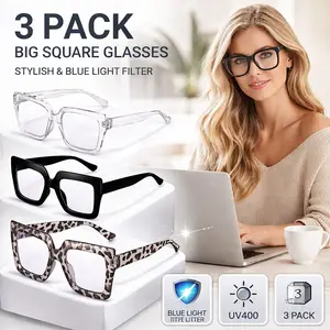 3 Pcs Oversized Blue Light Glasses for Women – Fashion Thick Square Computer TV Eyewear, Non-Prescription Blue Blocking Glasses for Screen Strain Relief