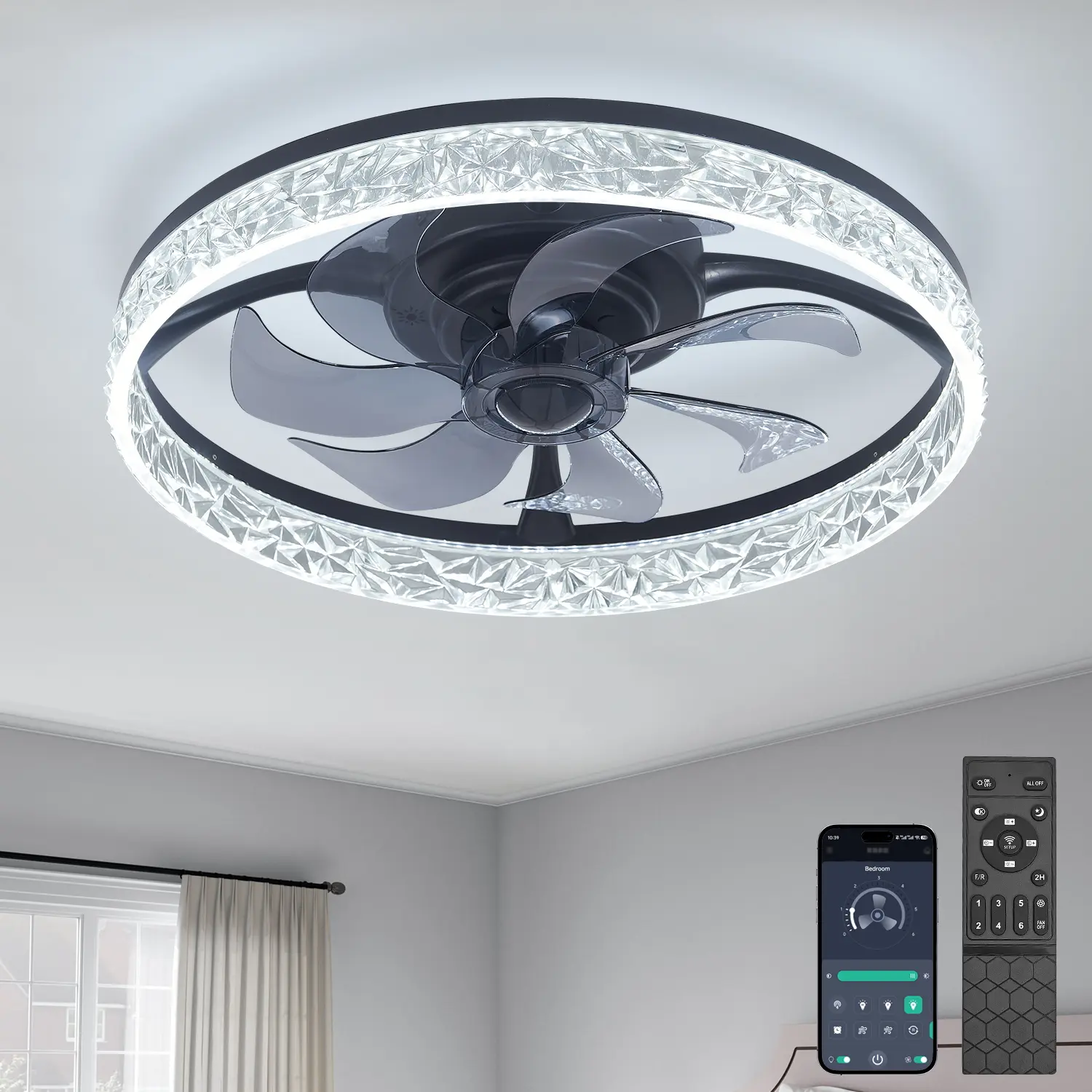 19" Black Modern Crystal Flush Mount Ceiling Fan Lamp - Low Profile Fan-Light Combo with Remote & APP Control, 3000K-6000K Stepless Dimmable LED Lighting, 6-Speed Reversible Quiet Motor, for Bedroom Living Room Indoor Use