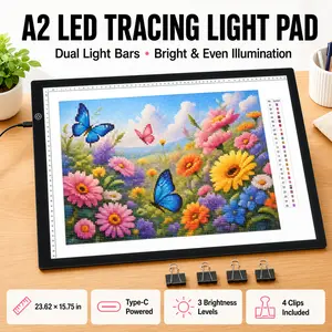 A2 LED Tracing Light Pad, 23.62×15.75in Dual Light Bars Light Board for Diamond Painting, Drawing, Sketching & Calligraphy, Type-C Powered with 4 Clips