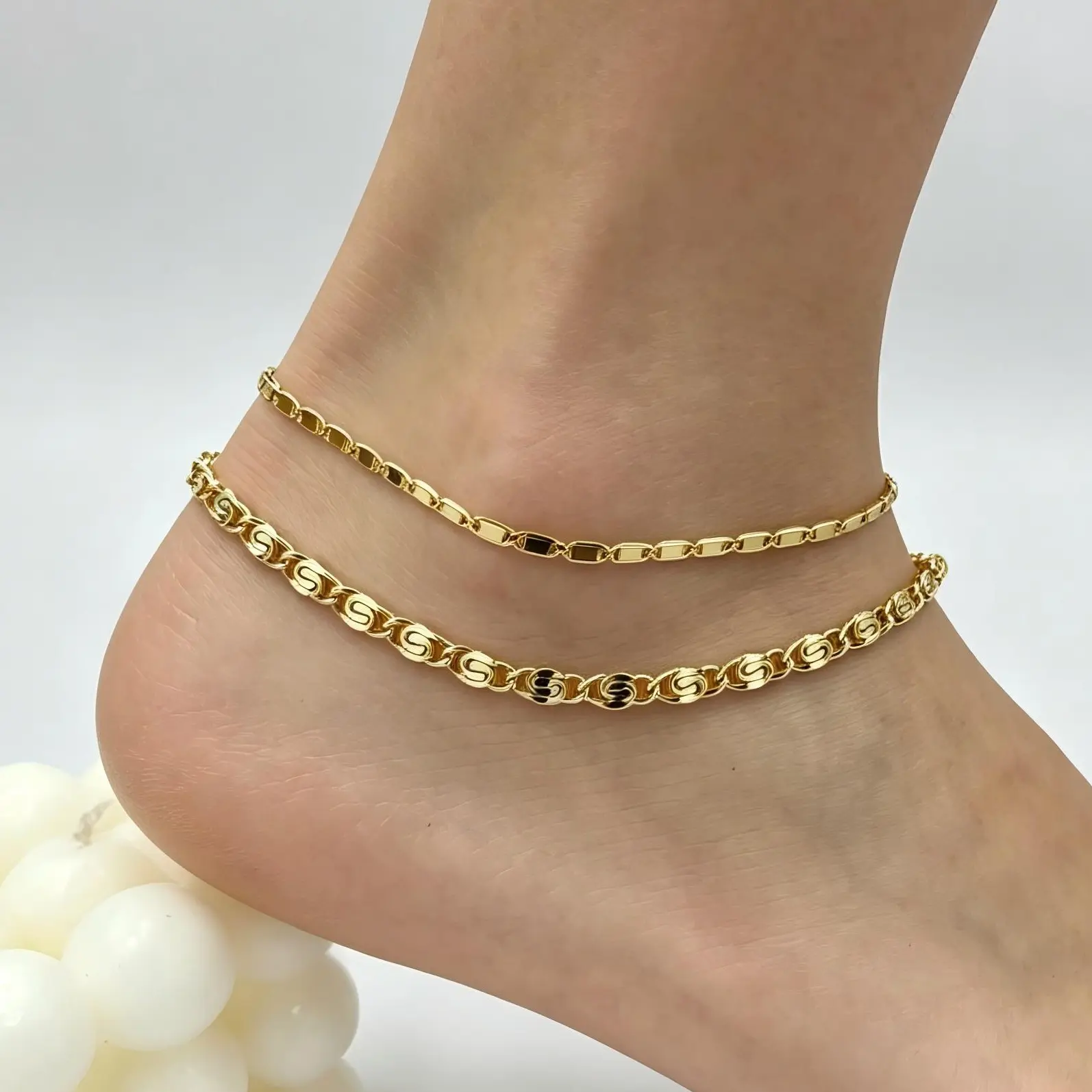 Double Layer S-Link Paperclip Anklet for Women 14K Gold Plated Adjustable Ankle Bracelet, Fashion Party Holiday Jewelry Gift for Ladies