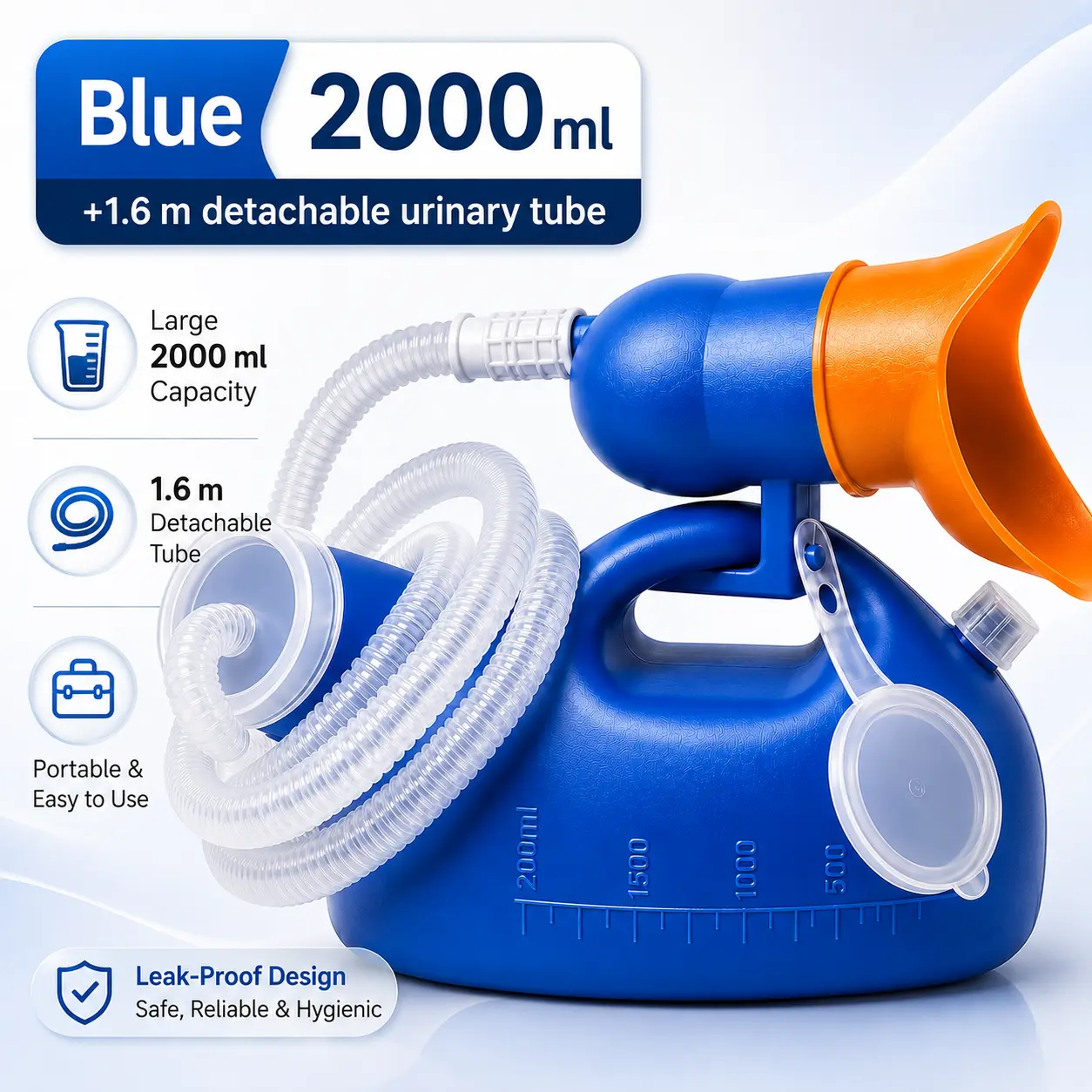 Portable Emergency Urinal Bottle for Men, 2000ml Extendable 63in Flexible Hose, Soft Funnel, Leak-Resistant Lid, Odor-Reducing Design for Bedside Care, Camping Accessories, Travel Accessory