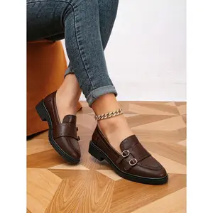 Women's Round Toe Buckle Flat Loafers, Thick Bottom Comfortable Retro Casual Shoes, Spring/Autumn Footwear Girl