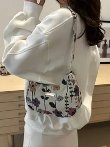 New Canvas Underarm Bag Large Capacity Unique Artistic Hobo Shoulder Bag Fashion Flower Velvet Crescent Bag, Women's Handbag, Stylish Crossbody Crossbody Bag
