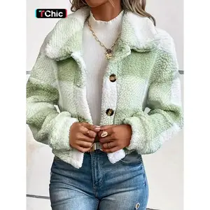 Women's Plaid Pattern Button Front Plush Coat, Casual Drop Shoulder Long Sleeve Collared Fuzzy Outerwear for Winter, Ladies Clothes for Daily Wear