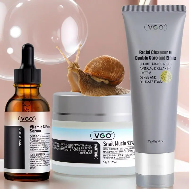 VGO 3-Piece Facial Serums Set with Charcoal Cleanser, Vitamin C Serum & Snail Mucin Moisturizer for Cleansing, Hydration & Skin Repair, Suitable for All Skin Types