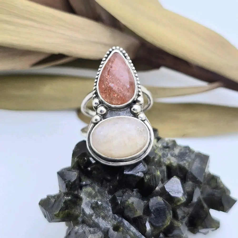 Jen's Jewels Sunstone Moonstone and Sterling Silver Ring, Ring Size 7, Sunstone and Moonstone Ring