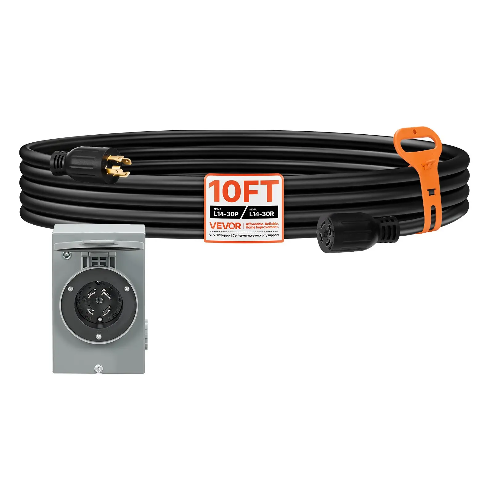 VEVOR 30 Amp Generator Cord and Power Inlet Box, 10 FT, 125/250V NEMA L14-30P to L14-30R Heavy Duty Extension Power Cord, SJTW 10 Gauge 7500W, Pre-Drilled Inlet Box, for Generator to House, ETL ListedSummervibes
