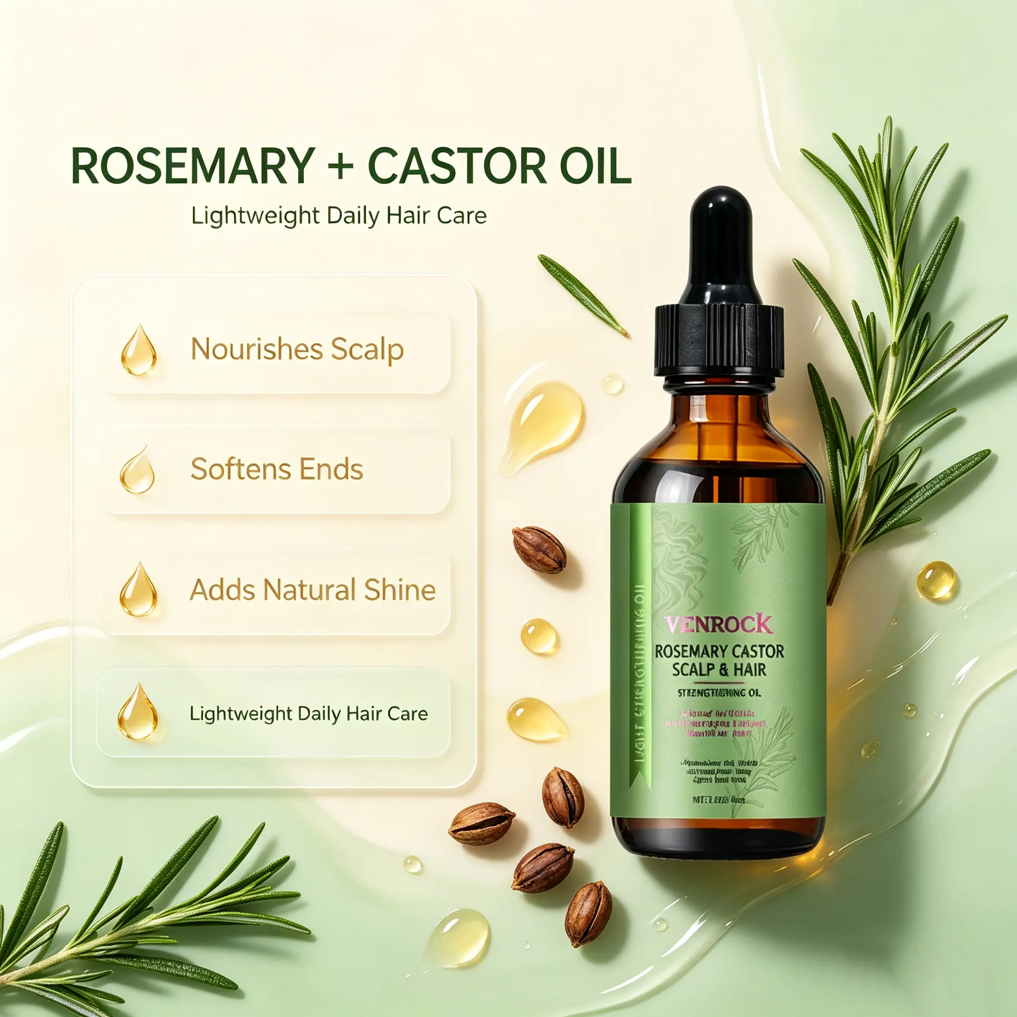 Rosemary Castor Hair Growth Oil Infused Biotin, Scalp Strengthening Oil Reduce Hair Loss Nourish Dry Damaged Hair
