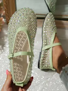 Women's Mesh Breathable Rhinestone Ballet Flat Shoes, Round Toe Unique Ballet Lacing Flats, Vintage Low Heel Slippers, All Seasons, Netted Ballet Flats