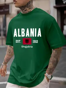 Men's Regular Fit Albania Flag Print Round Neck Tee, Casual Short Sleeve Crew Neck T-shirt for Summer, Fashion Men's Top for Daily Wear