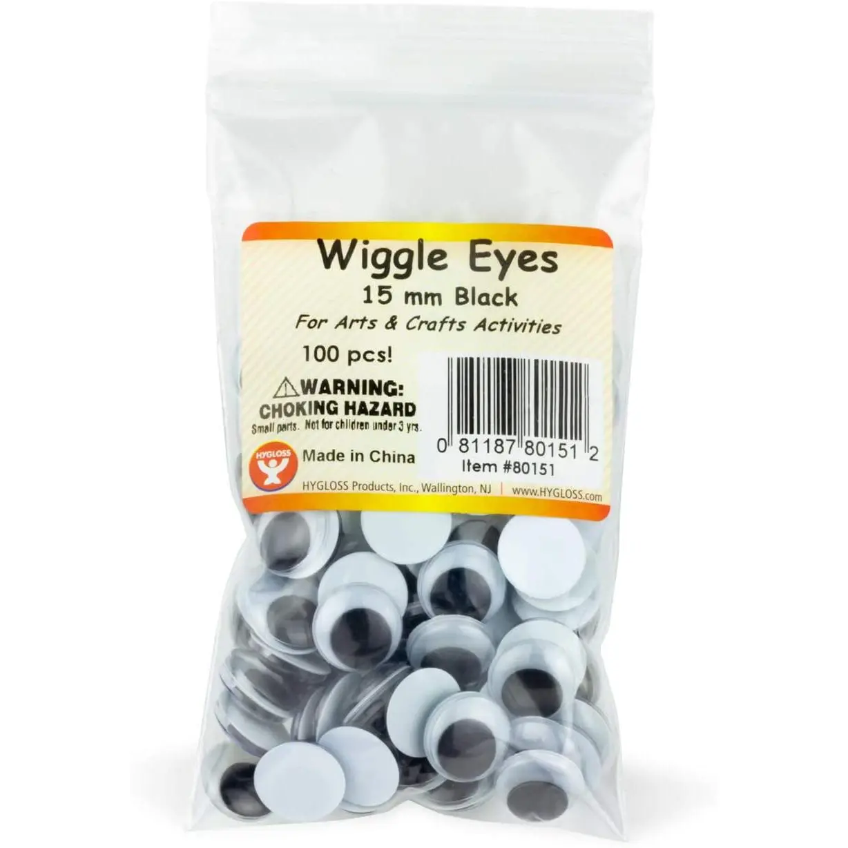 Hygloss Products Plastic Eyeball Googly Eyes - Size 15mm - Resealable Bag - Total of 100 Pcs