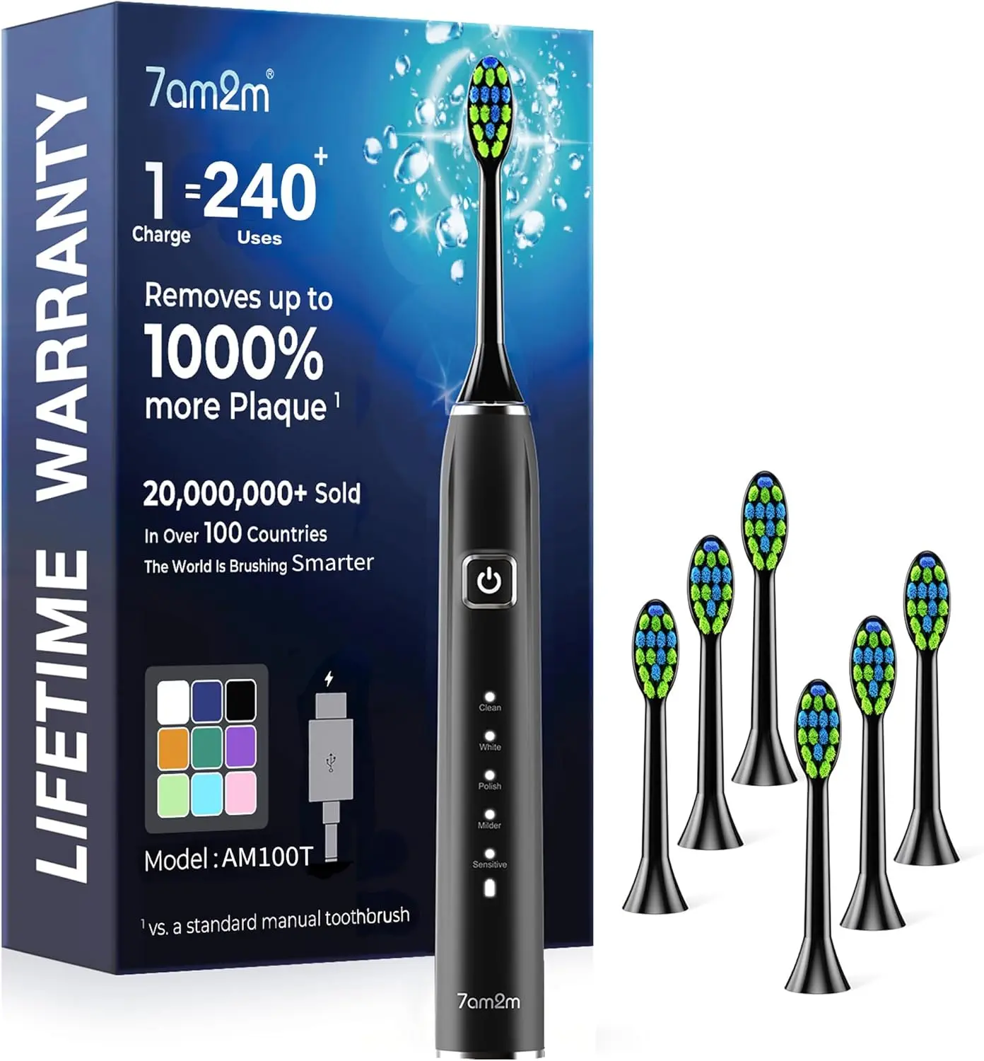 7AM2M Sonic Electric Toothbrush for Adults - Ultrasonic 40000 VPM Reusable Cleaning Brush with 5 Modes, 6 Brush Heads, Timer, 120-Day Runtime, Type-C Rechargeable, Plaque Removal, Single Item, Black