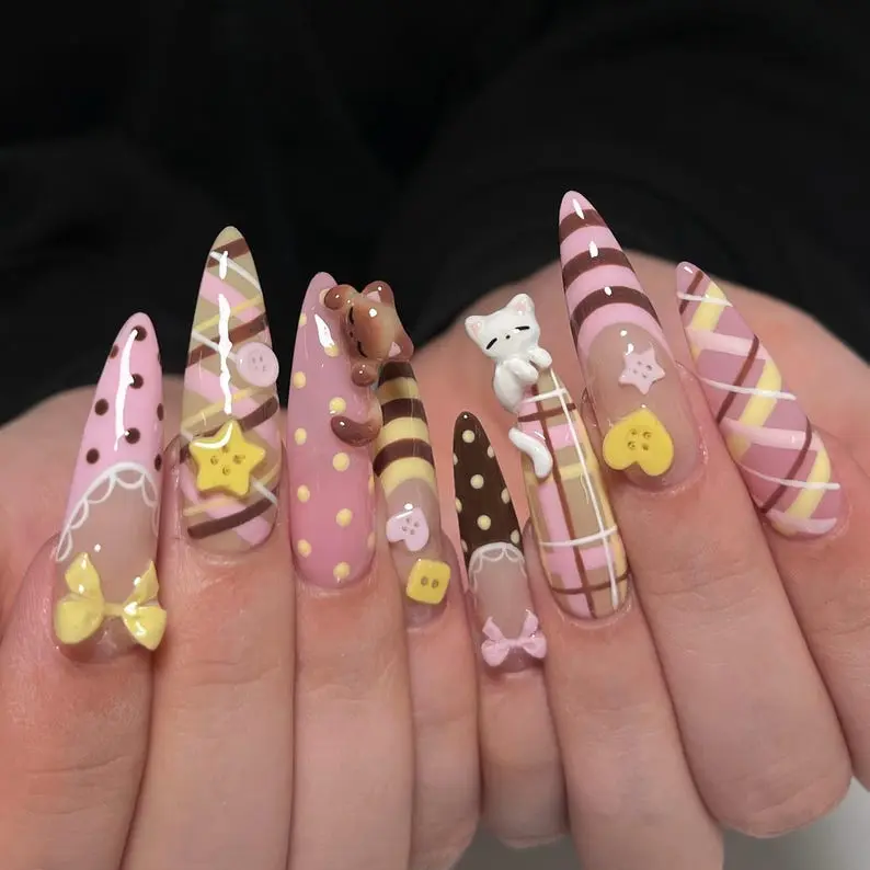 Handmade Cute Cat Press On Nails, Kawaii 3D Bow Dessert Almond Set