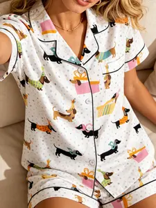 Women's Pajamas Set Trendy Cute Dachshund Birthday Party Polka Dots Print Summer Button Down Short Sleeve Shorts Soft Comfy Loose Fit 2 Piece Casual Sleepwear Loungewear for Women